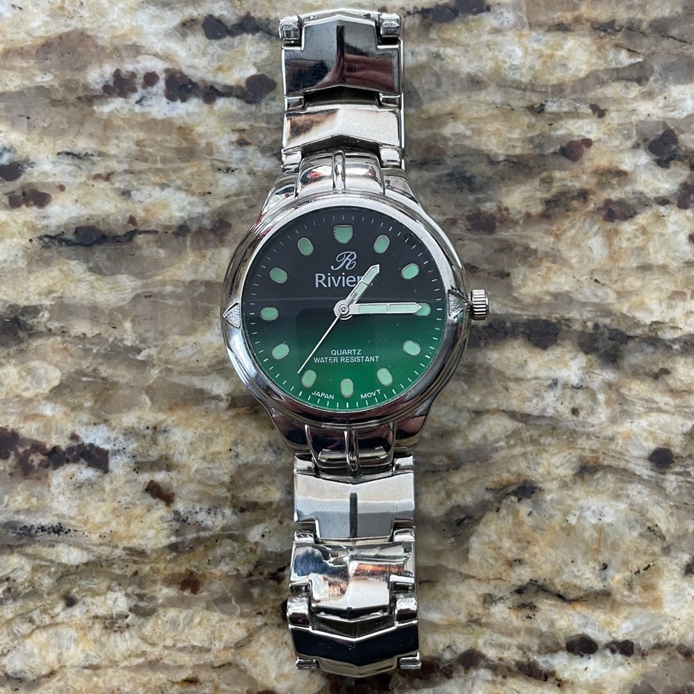 Riviera Watch, Green Dial, Silvertone Metal Link Bracelet Band